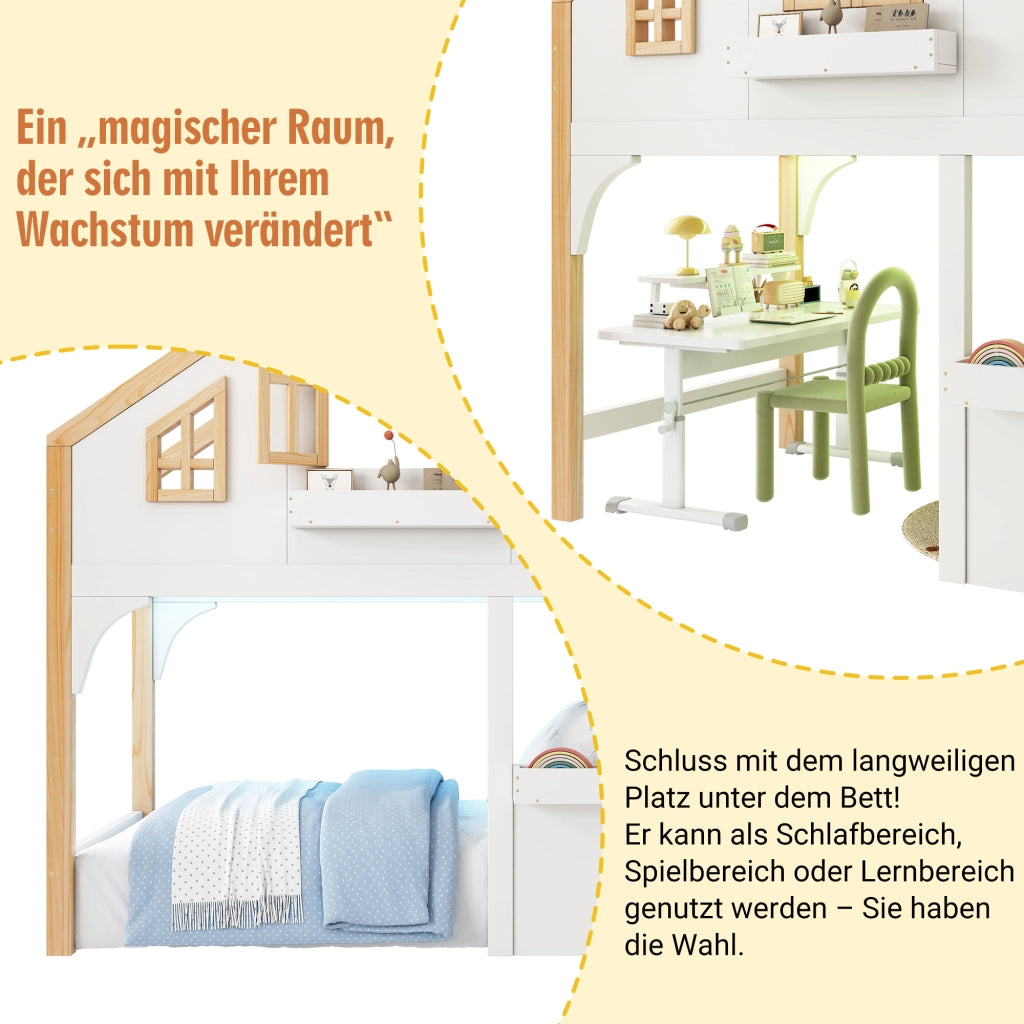 DESMIU Letto a castello per bambini 90 × 200 cm con scala contenitore, finestra e LED, senza materasso, bianco