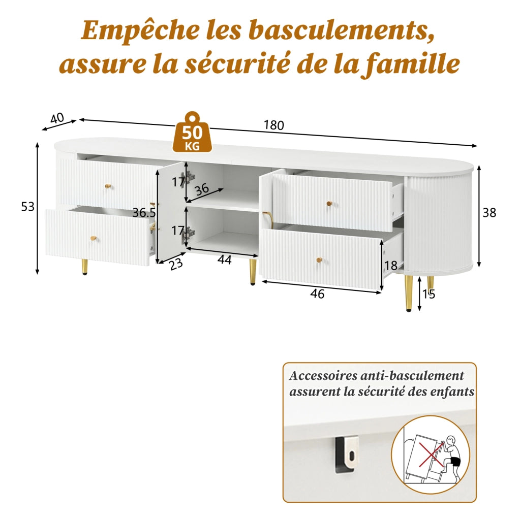 Mobile TV in MDF bianco 180x40x38 cm con cassetti; doppia anta e passacavi