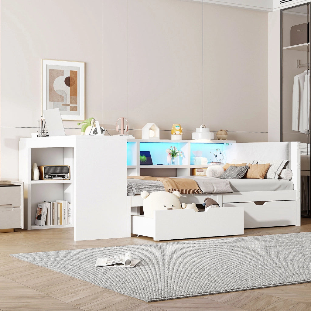 Letto singolo 90 × 200 cm con testiera imbottita, ripiani, 2 cassetti, USB, LED, senza materasso, bianco