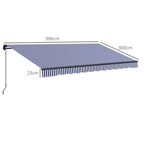 Tenda da sole a bracci estensibile 396x300 cm con manovella; blu; struttura in alluminio e metallo
