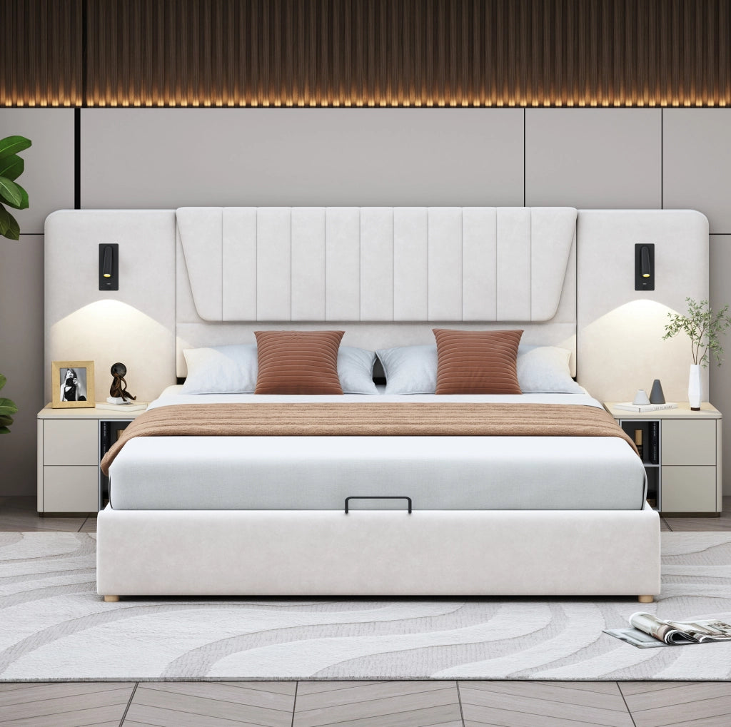 Letto matrimoniale imbottito 180x200 cm con LED USB e contenitore