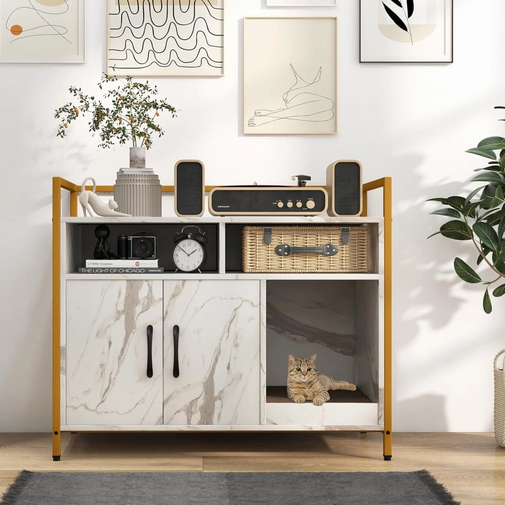 Mobile per Lettiera Gatti con Ripiani Aperti e Ripiani Chiusi con Maniglie, Mobiletto Multiuso in Legno e Metallo, Ideale per Ingresso e Soggiorno, Portata 50 kg (Bianco+Nero)