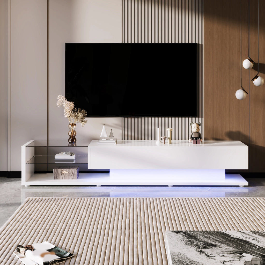 Mobile porta TV con 2 cassetti, 2 ripiani in vetro, LED variabile, bianco lucido, 170 × 36 × 38 cm
