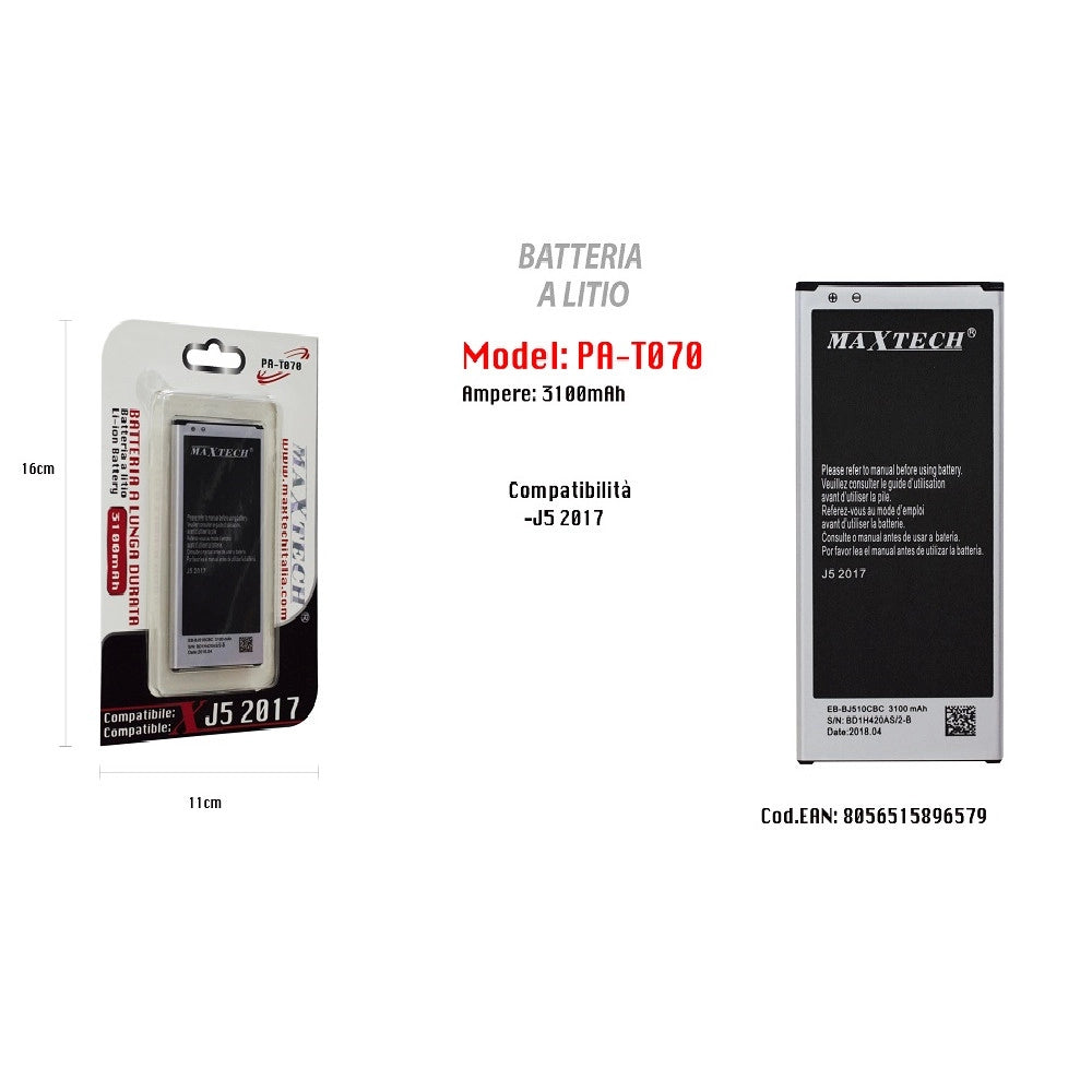 Trade Shop - Batteria A Litio Compatibile Per Samsung J5 2017 Maxtech 3100 Mah Pa-t070 -