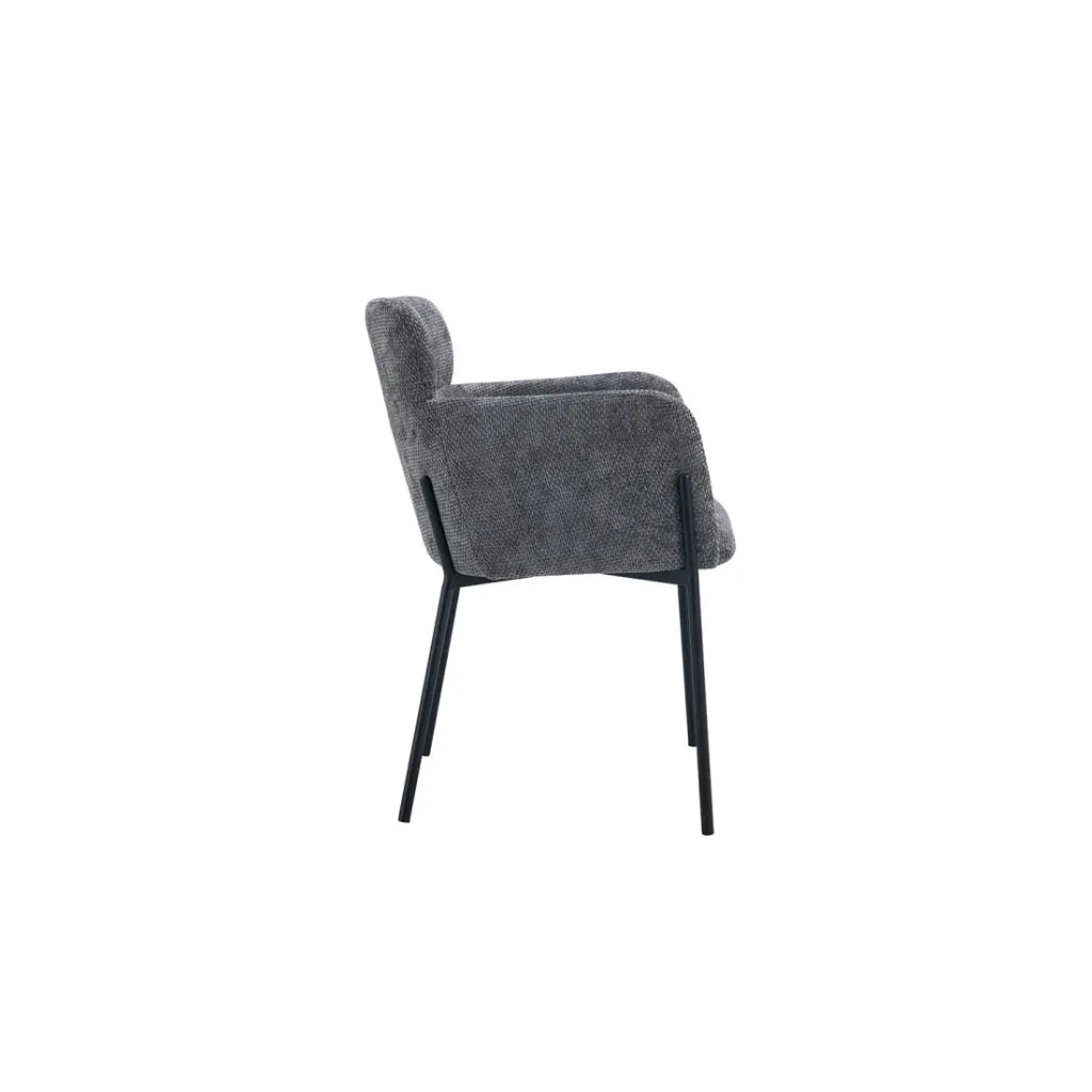 Sedia da pranzo CAMPBELL – Tessuto grigio – Braccioli – Piedi in metallo nero – Stile design / industriale