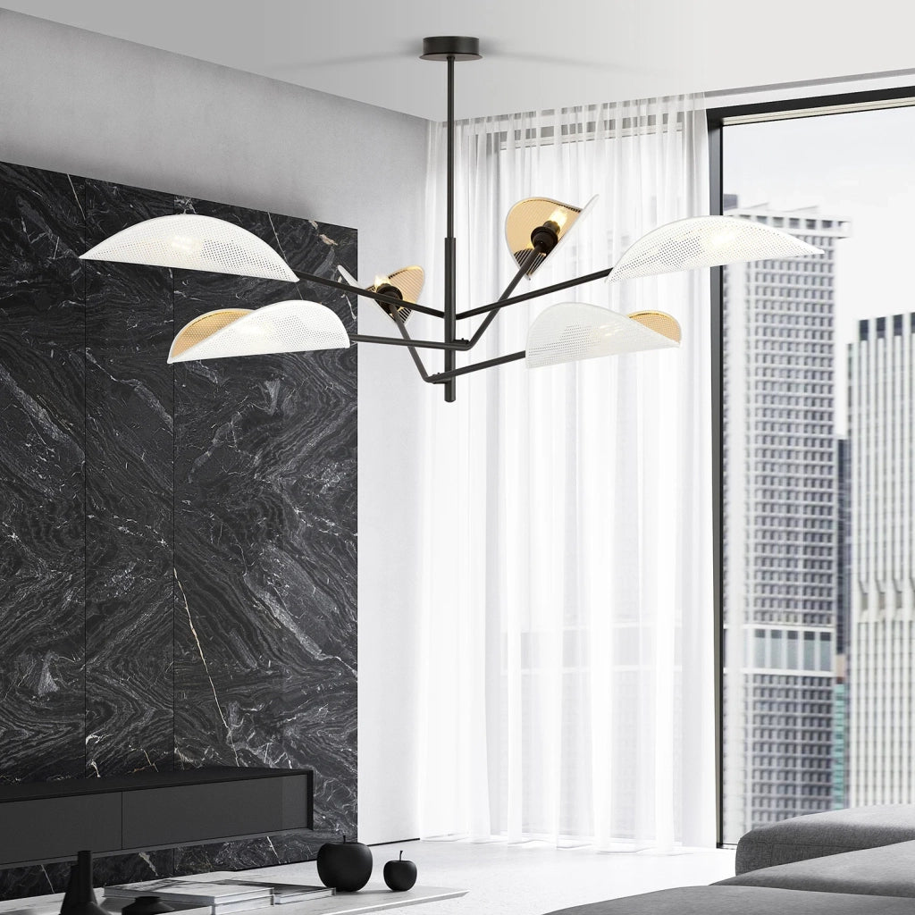 Lampadario 6 Luci Eridano In Acciao Nero E Bianco Oro Con Bracci Mobili
