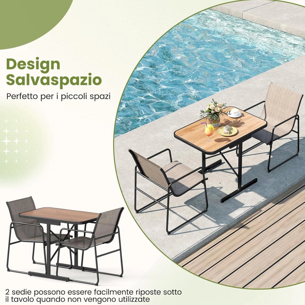 Set Bistro da Esterno 3 Pezzi, Tavolo e Poltrone da Giardino, Tavolo da Pranzo Rettangolare, Poltrone in Tessuto, per Giardino Cortile