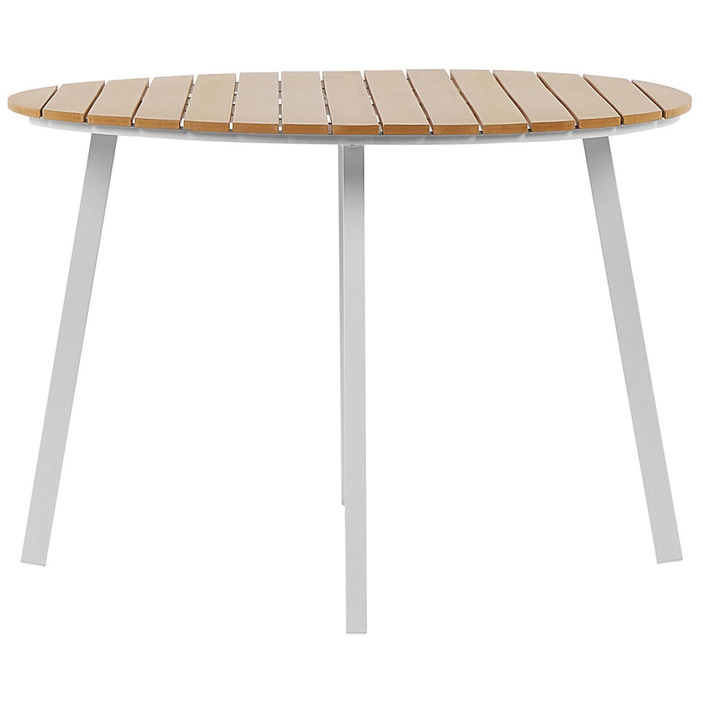 Set da pranzo all'aperto tavolo rotondo a 4 posti in alluminio bianco sedie a doghe da 105 cm con imbottiture grigie