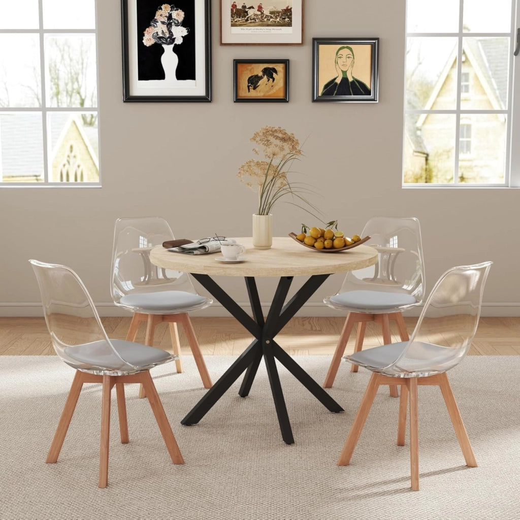 GrandCA HOME Tavolo da Pranzo con 4 Sedie, Tavolo da Pranzo Rotondo da 100 CM, Sedia da Cucina Imbottita Trasparente, Set Tavolo da Pranzo e Sedie (Travertino Giallo + Grigio)