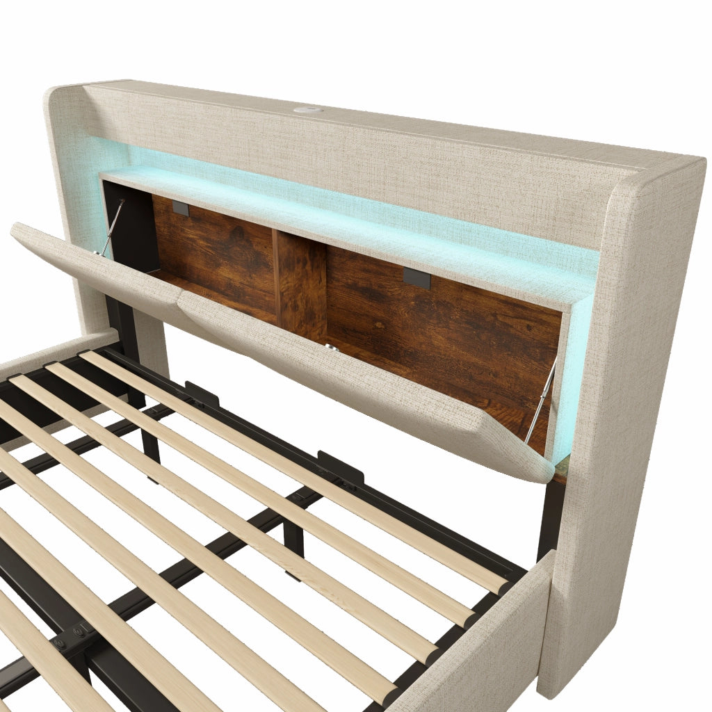 Letti contenitori 180x200 cm con testiera LED e USB; lino beige (Senza materasso)