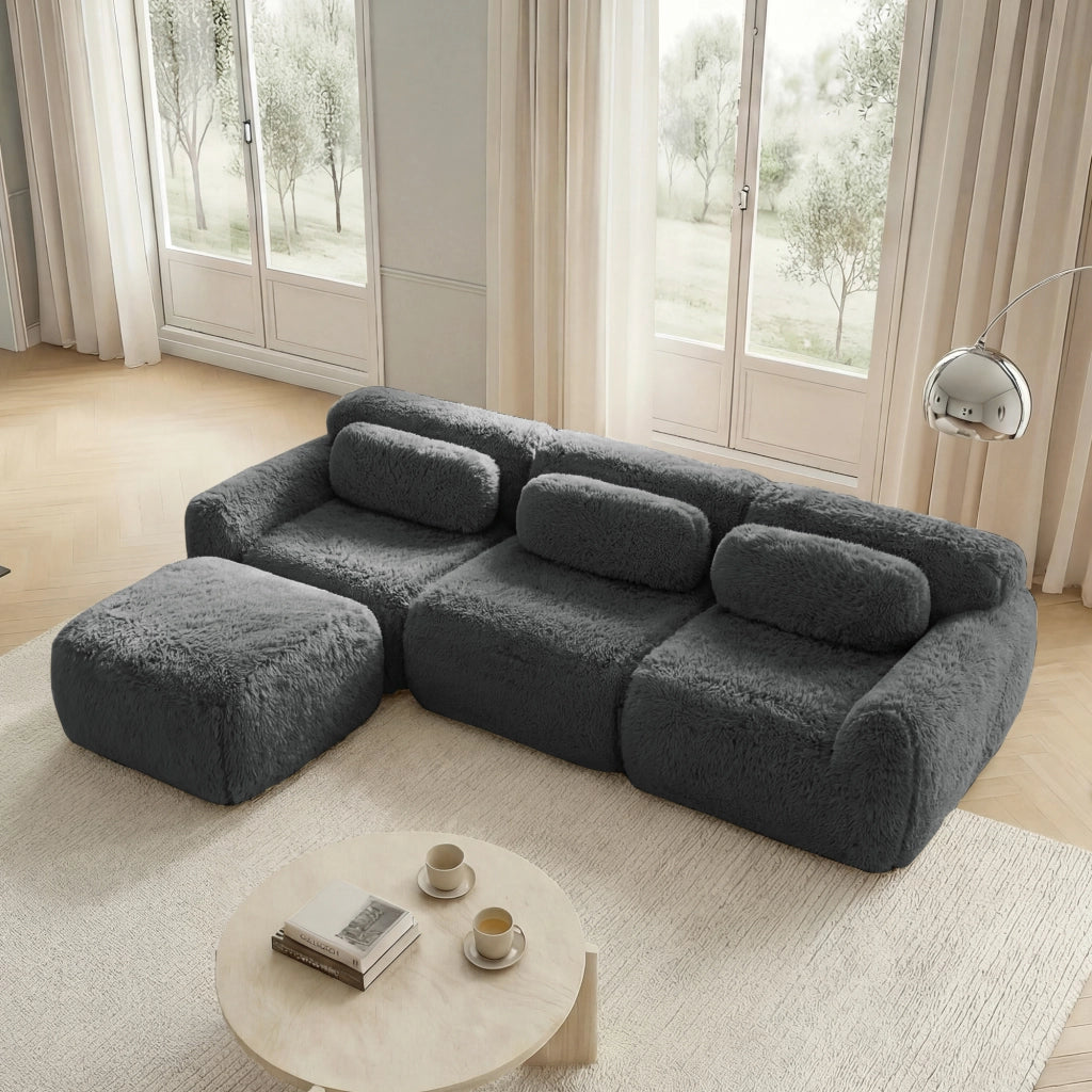 OKWISH Divano Angolare Modulare Senza Struttura, Seduta Profonda con Pouf Modulare e Base Antiscivolo, Peluche Grigio