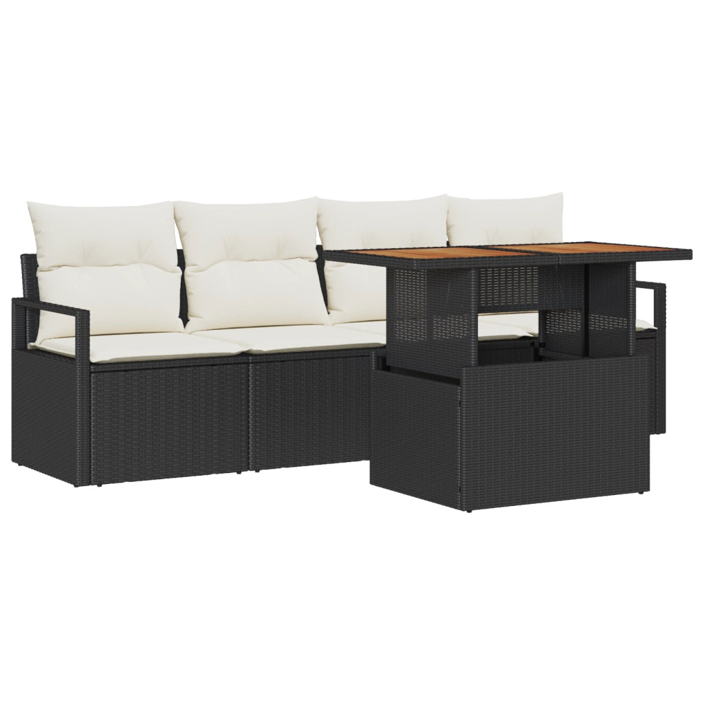 Set Divano da Giardino  5 Pezzi con Cuscini Nero Polyrattan