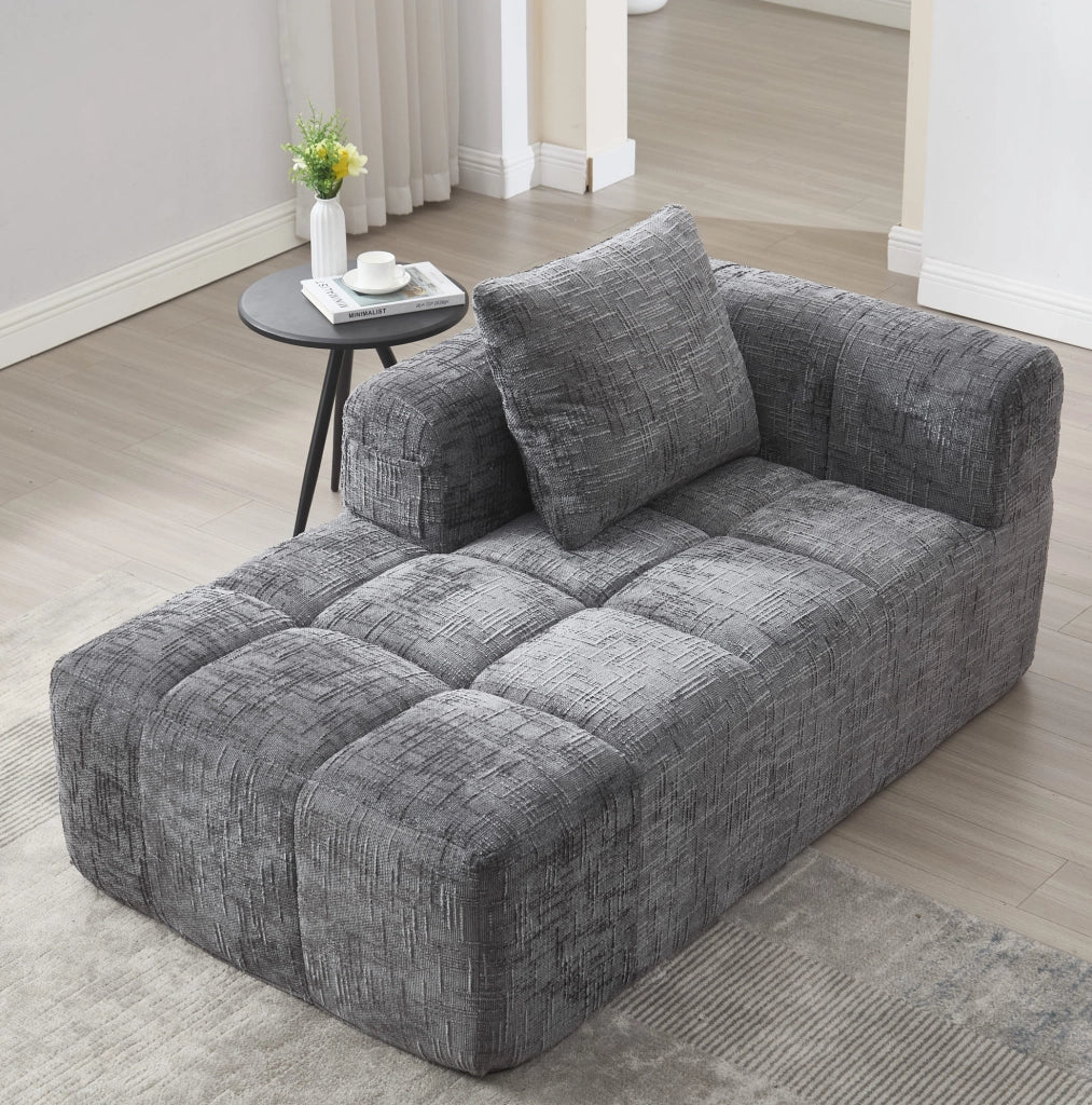 Divano Chaise Lounge in Chenille Grigio con Tasche Laterali e Cuscino, 158x90x60 cm