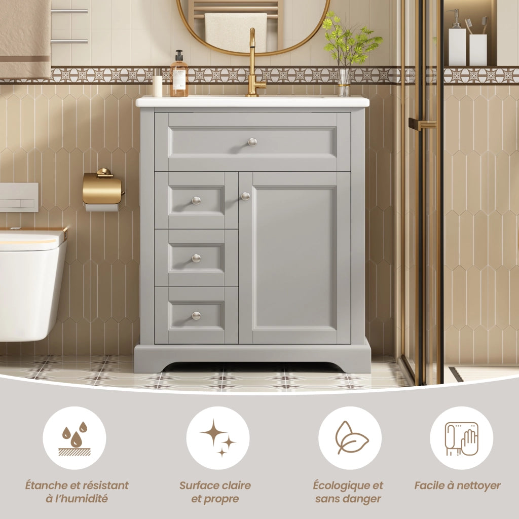 Mobile sottolavabo con lavabo in ceramica, 1 anta, 3 cassetti e ripiani, per bagno, grigio, 76 × 46 × 87 cm