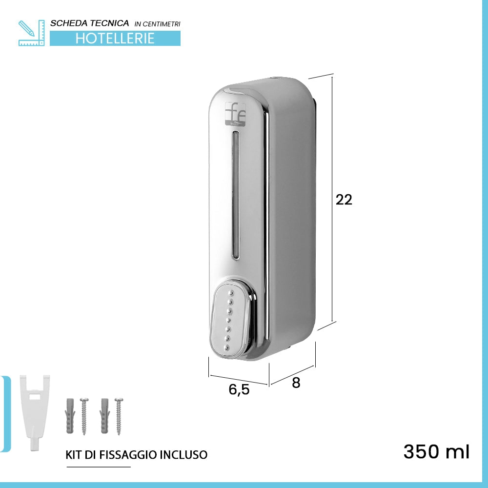 Dispenser sapone liquido a muro cromo da 350 ml con fissaggi inclusi