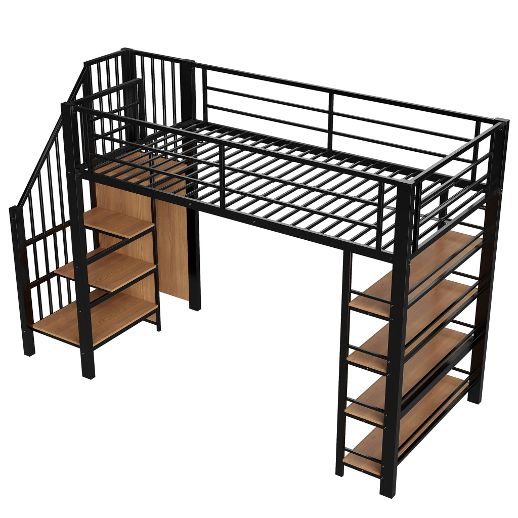 Letto a castello nero in metallo con scala di sicurezza spazio di stoccaggio e piccolo armadio 90x200cm
