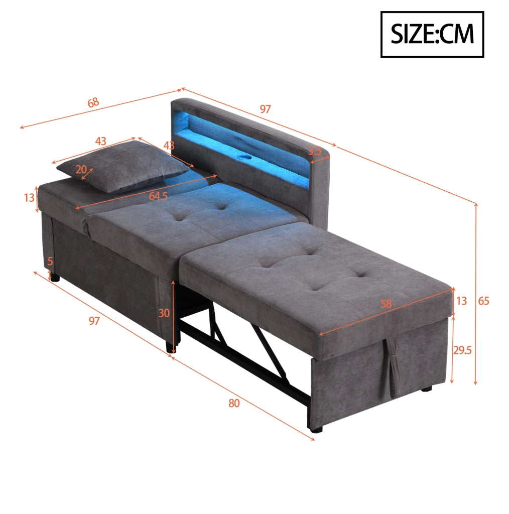 Divano letto 3 in 1 con schienale reclinabile a 5 posizioni; LED e USB in lino grigio scuro