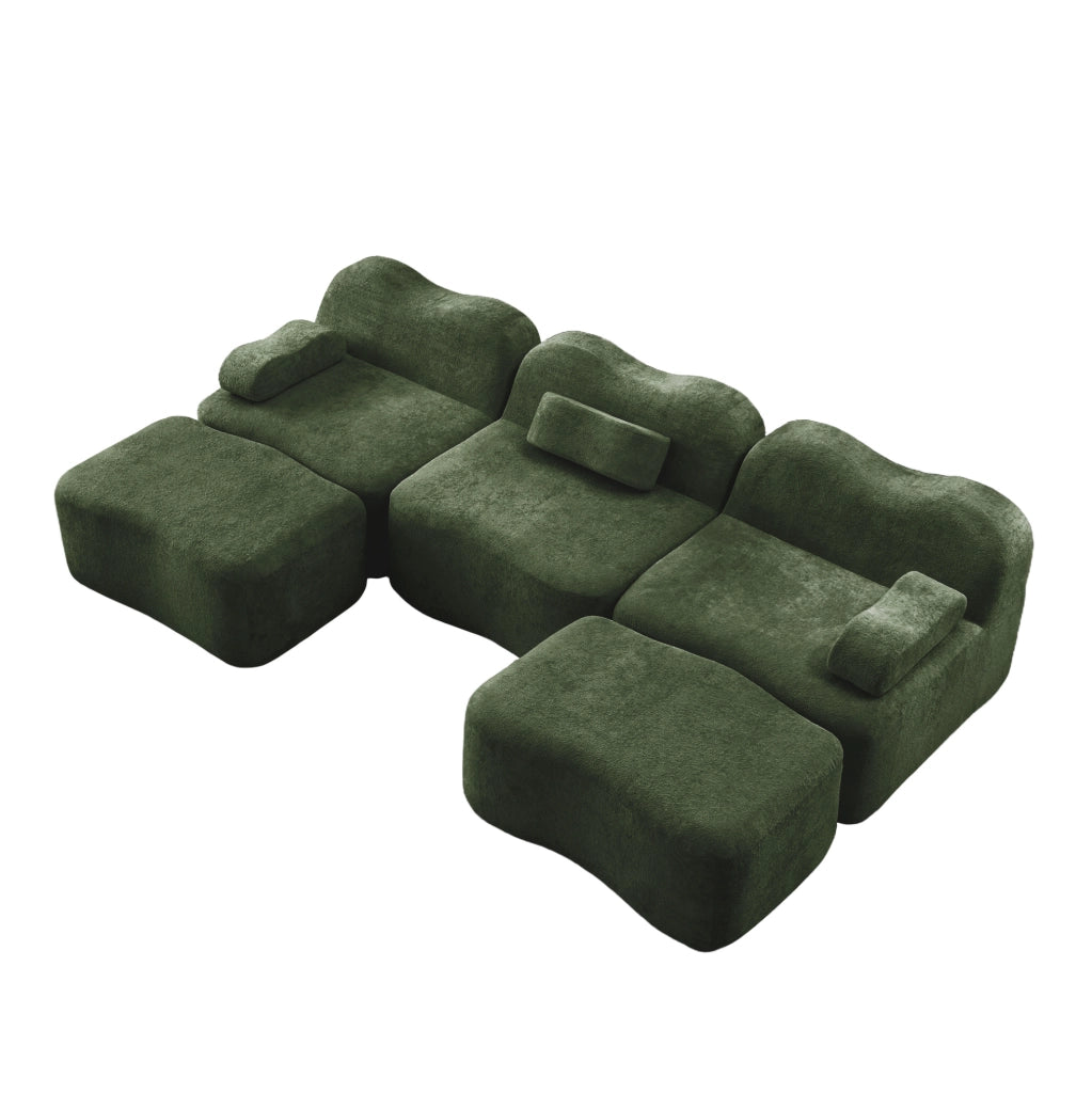 Divano modulare a U con 2 pouf 288x167x70 cm in velluto verde; seduta profonda