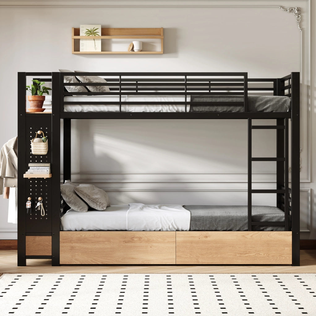 Letto a castello 90x200 cm in metallo e MDF; nero; con 2 cassetti e luce LED