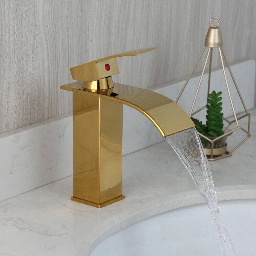 Trade Shop - Rubinetto Oro Da Bagno Design Moderno A Cascata Miscelatore Monocomando Dorato -