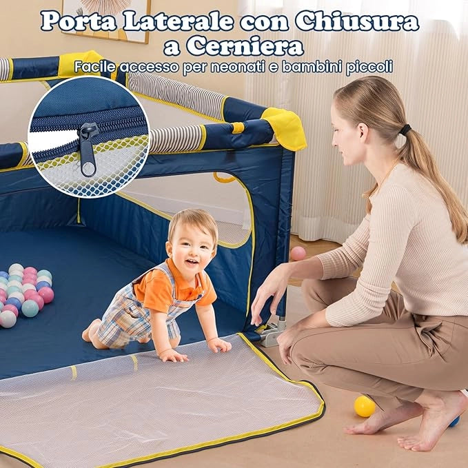 Box per Bambini 127 x 127 cm, Recinto per Bambini Pieghevole in Tessuto Oxford con Rete Traspirante, Box con Giochi che Include 50 Palline, 4 Pezzi Anelli e Borsa (Blu, 127 x 127 cm)