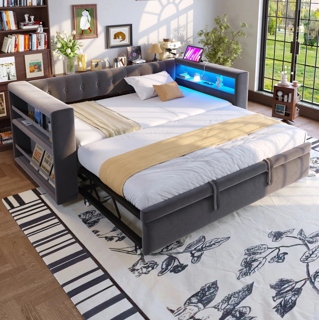 Divano letto multifunzione 90/180 x 190 cm con LED; prese; contenitore e rivestimento grigio scuro