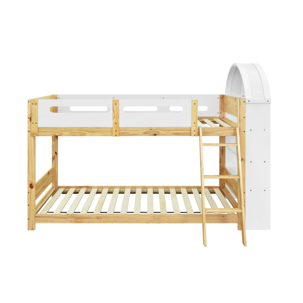 Letto a Castello 90x200 cm; con Mensola a 3 Ripiani e Scala a 3 Gradini - Bianco e Naturale