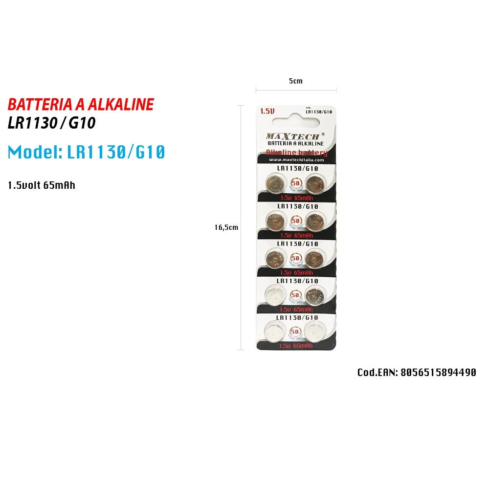 Trade Shop - Pile Alkaline Lr1130/g10 1.5v Batterie Bottone 65mah Telecomandi Orologi Maxtech -