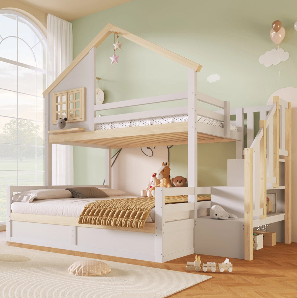 Letto a castello con contenitore idraulico 90x200/140x200 cm; bianco e naturale