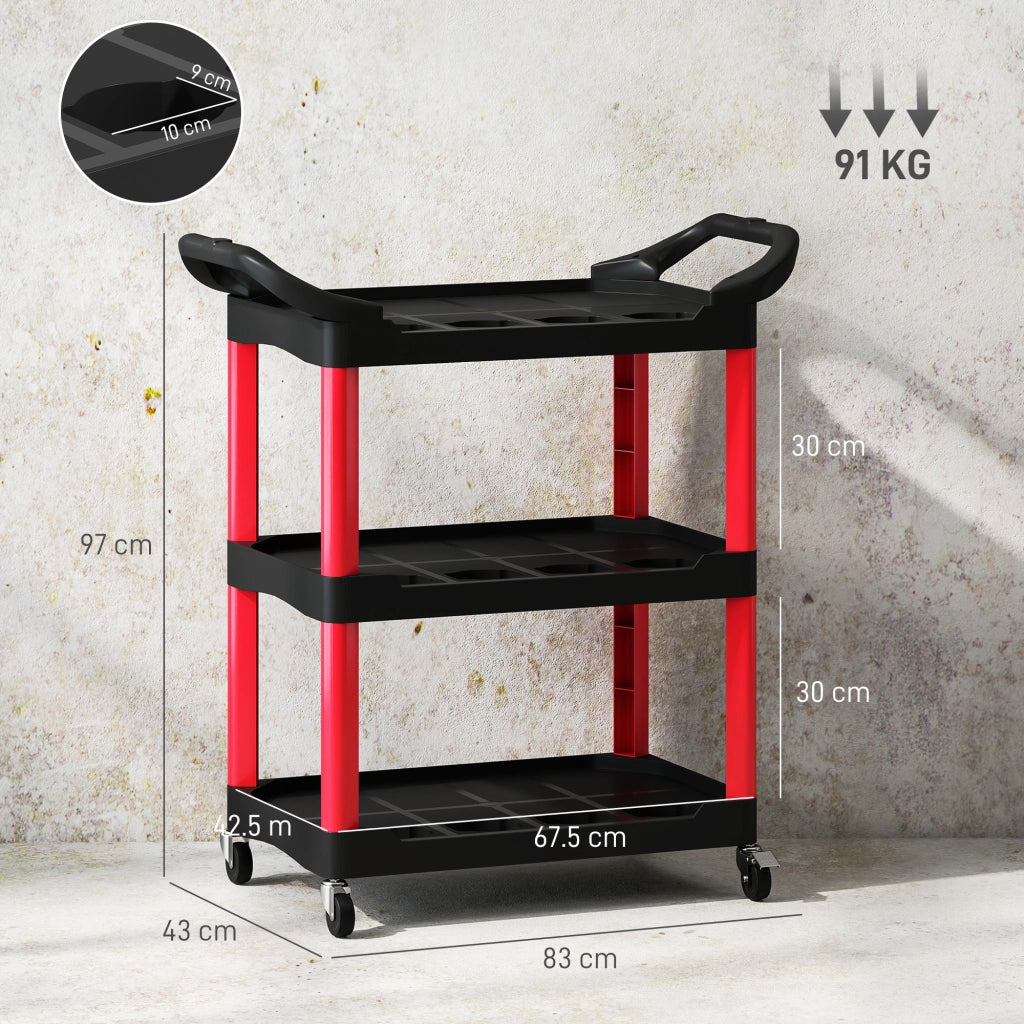 Carrello Porta Attrezzi a 3 Livelli 83x43x97 cm Capacità 91 kg 3 Livelli con Ruote in Plastica Rosso