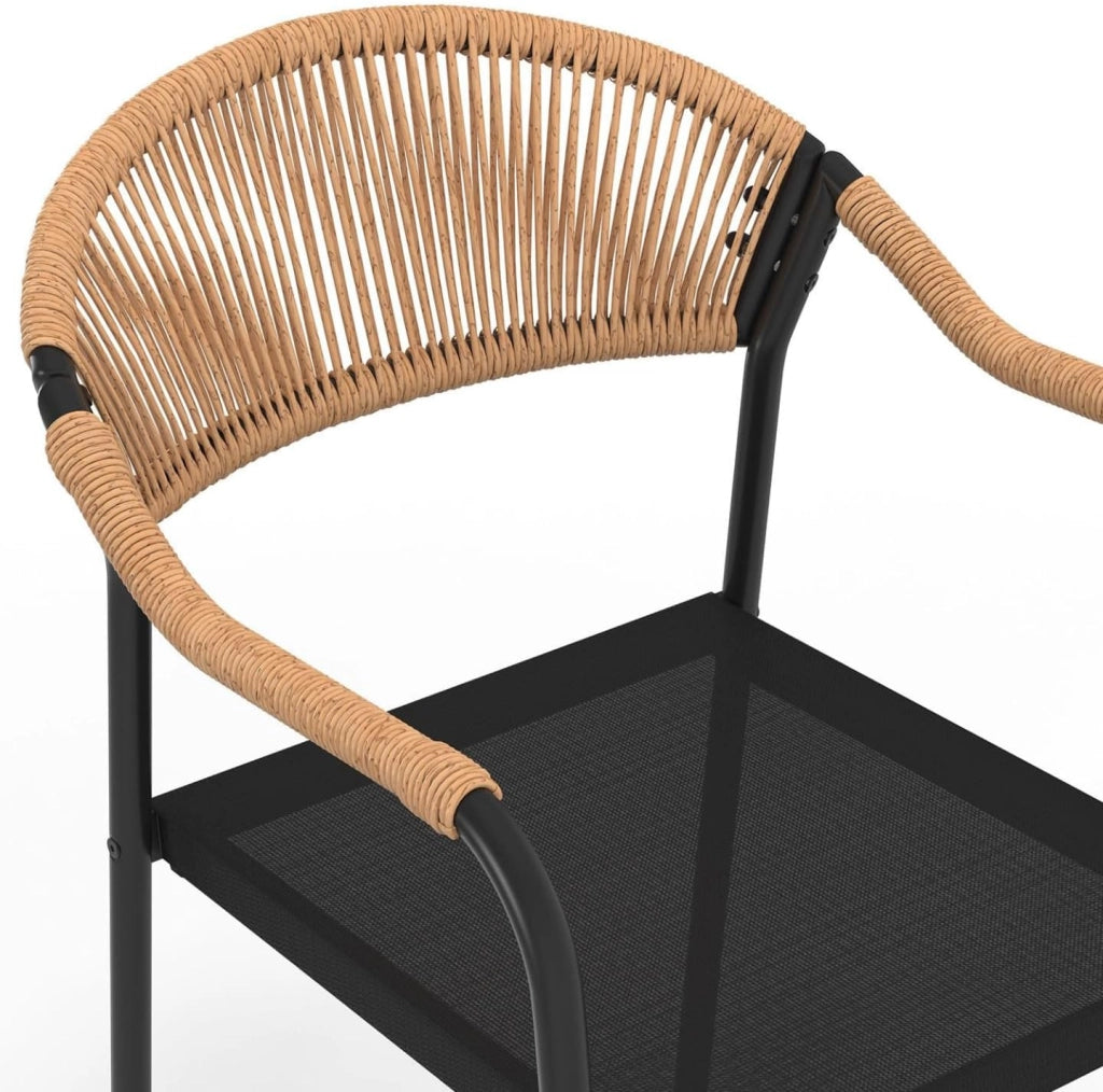 Set di 6 sedie da giardino Madeira in metallo, corda e textilene nero e rattan chiaro