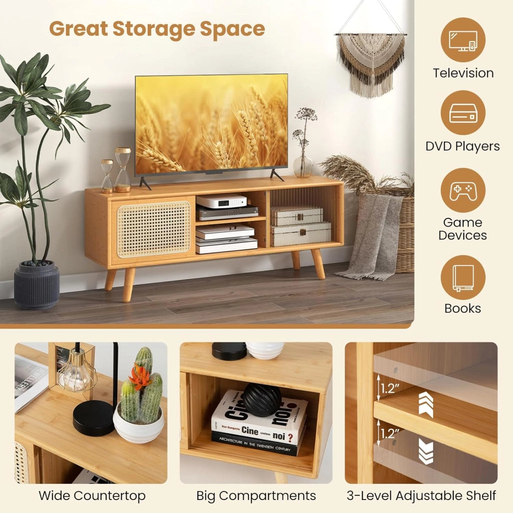 Mobile TV da 120 cm con 2 Ripiani，Supporto TV in Bambù, con Porte Scorrevoli in Rattan e Vetro Temperato,120,5x31x45,5 cm