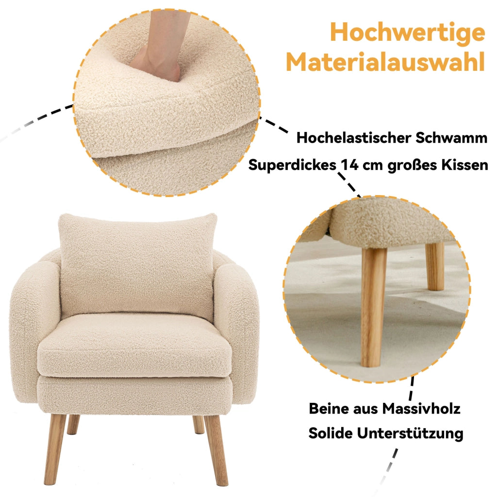 Poltrona in tessuto teddy con cuscino schienale sfoderabile, seduta spessa e base in legno massello per relax beige