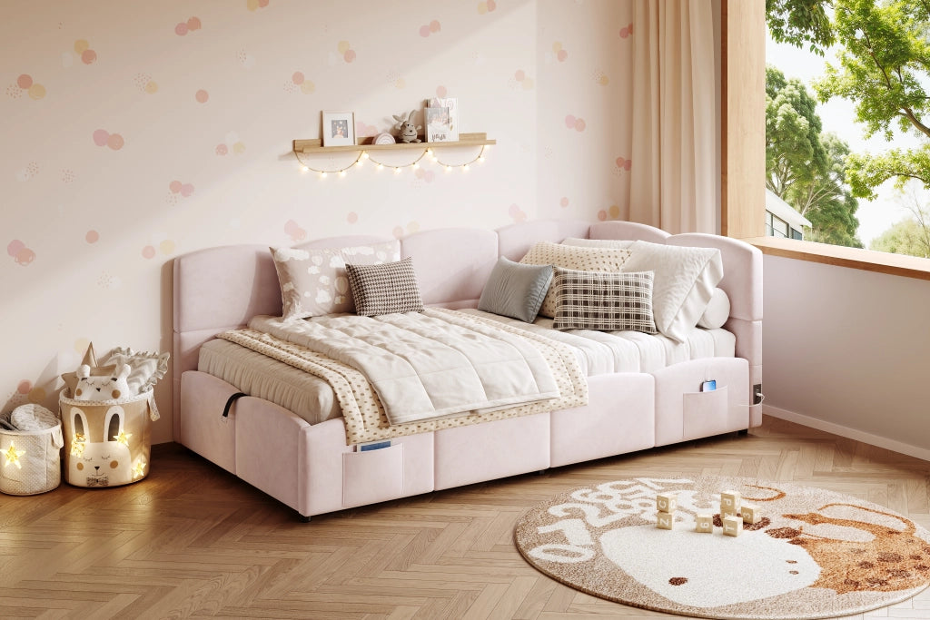 DESMIU Letto Contenitore 90 × 200 cm 2 posti con vano idraulico, USB A e USB C, senza materasso, in velluto rosa