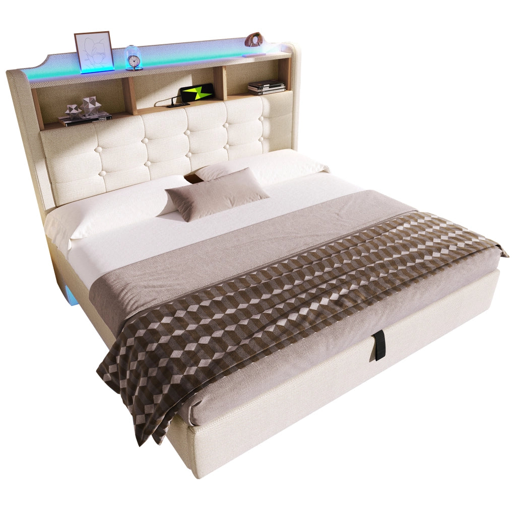 OKWISH Letto Contenitore 140×200 cm, Letto Matrimoniale con LED Regolabile, USB, Tipo C e Vano Idraulico, senza Materasso, in Lino Beige
