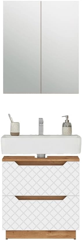 Set di mobili da bagno Lotta, Rovere/bianco con struttura in piastrelle, 2 parti