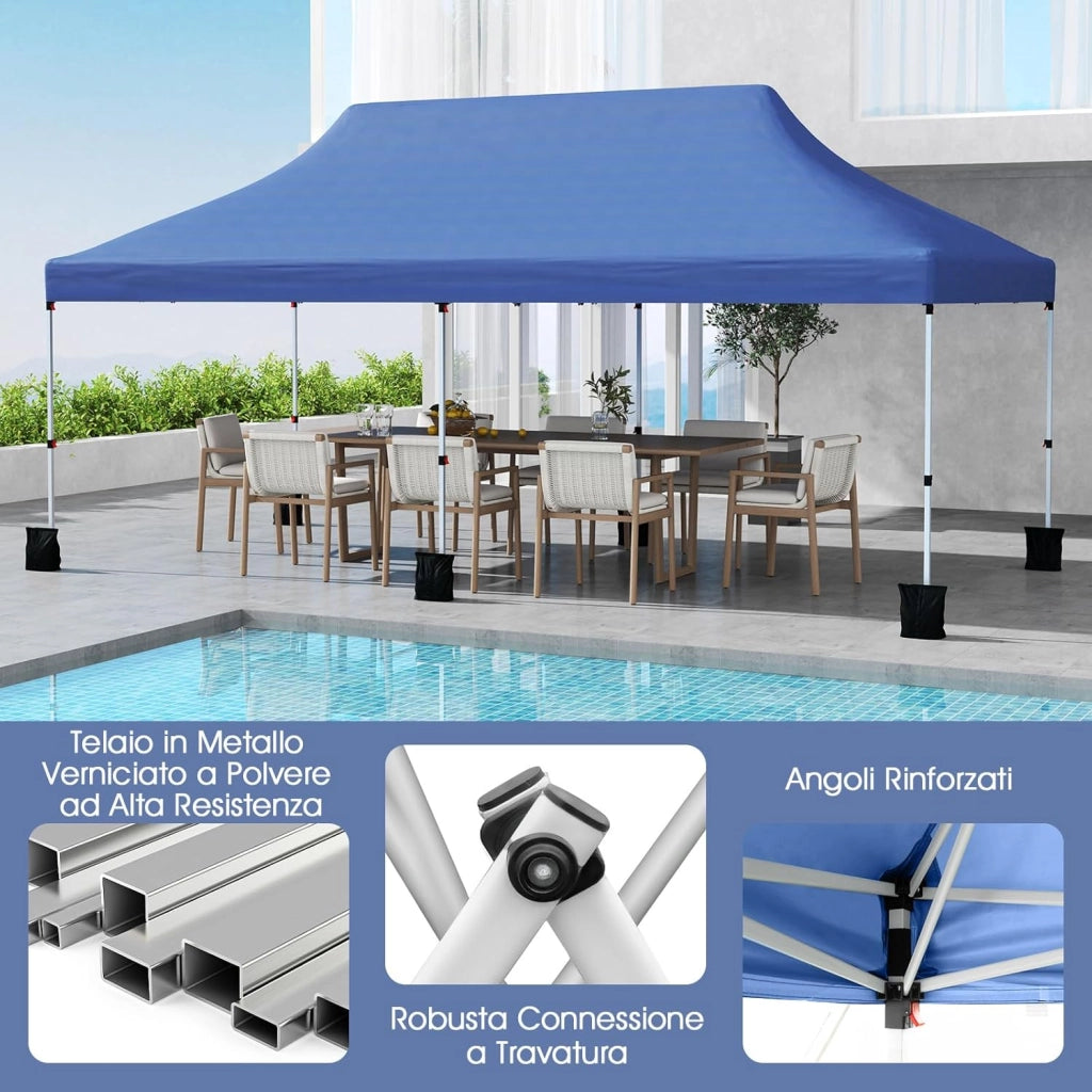 Gazebo Pieghevole da Giardino 3 x 6m, Gazebo Pop-up con Borsa da Trasporto, Regolabile in Altezza, per Feste (Blu)