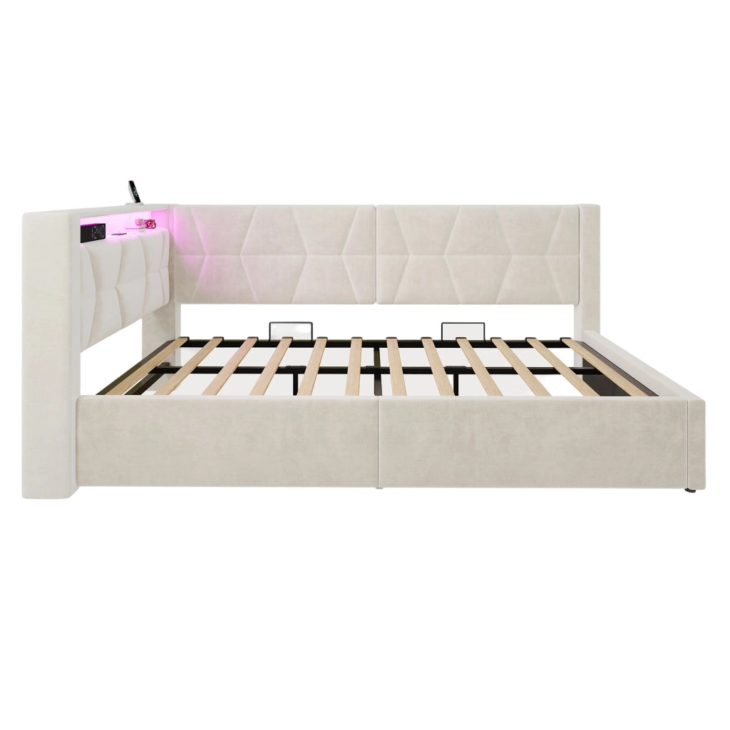 Letto Singolo 90x200 cm con Contenitore; USB; Type-C e LED in Velluto Beige