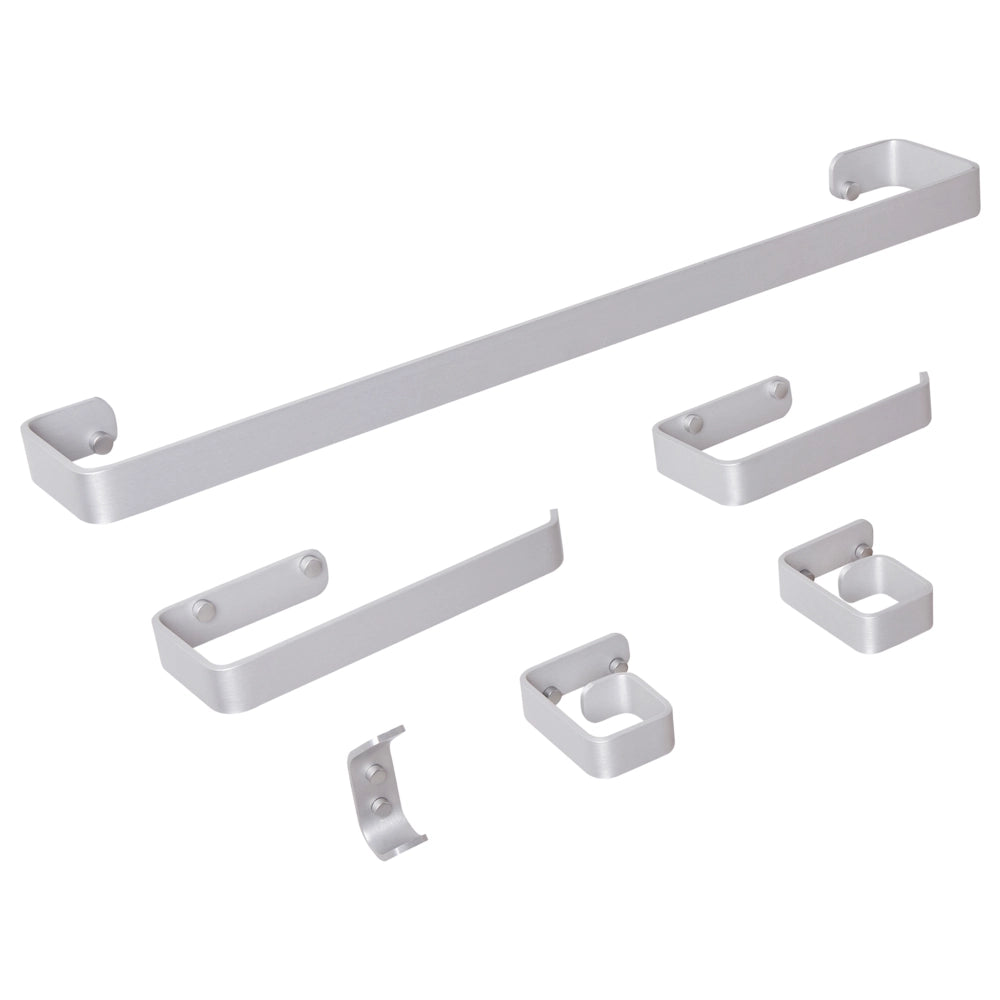 Set di 6 accessori da bagno in alluminio e vetro finitura opaca argento