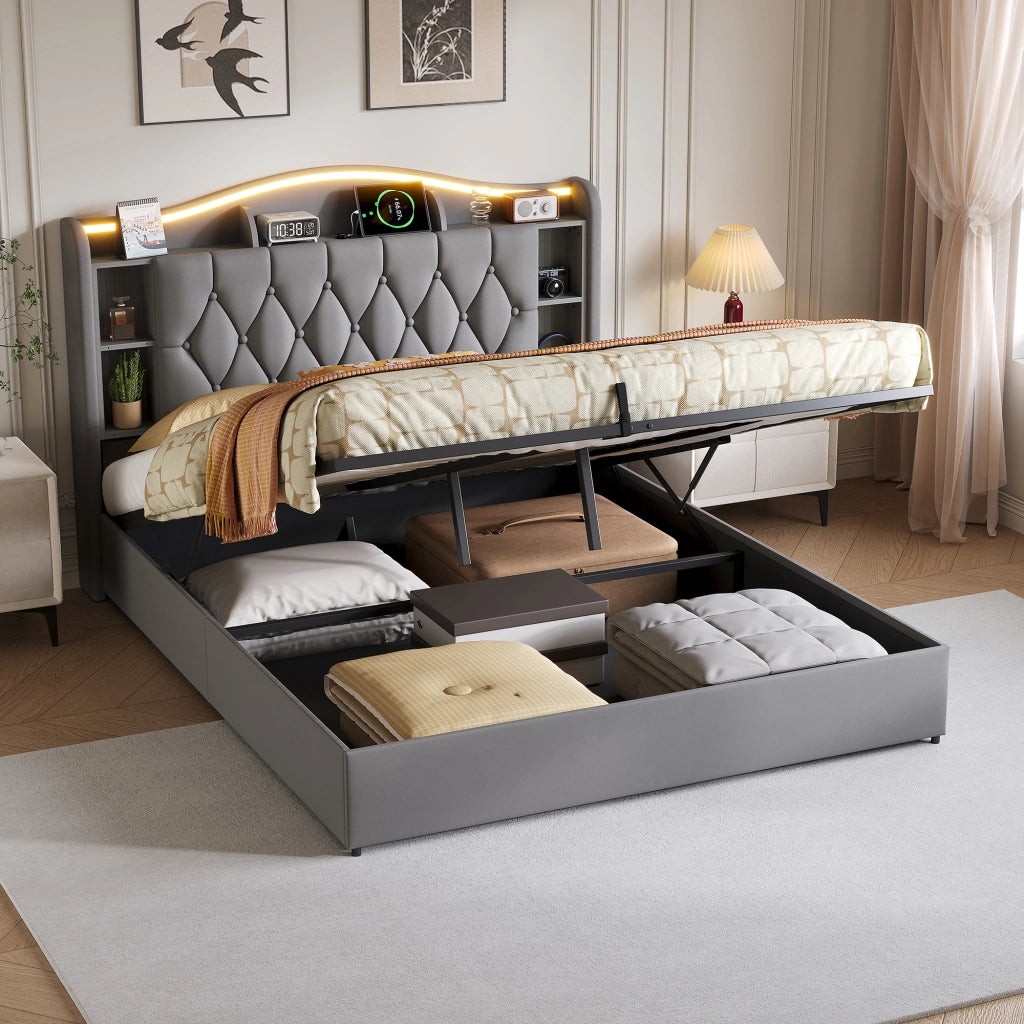 Letto matrimoniale con contenitore 160x200 cm imbottito con testiera portaoggetti LED USB Type-C alzata idraulica velluto grigio
