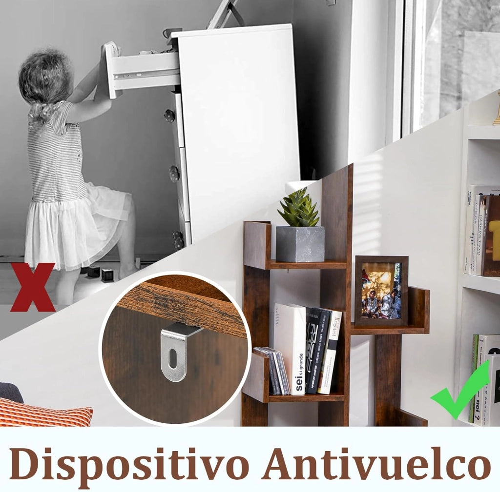 Libreria a 8 livelli 50 x 25 x 145 cm, mobile portaoggetti a forma di albero su piede, dispositivo antiribaltamento, carico totale 80 kg, per soggiorno, ufficio, camera da letto (marrone)