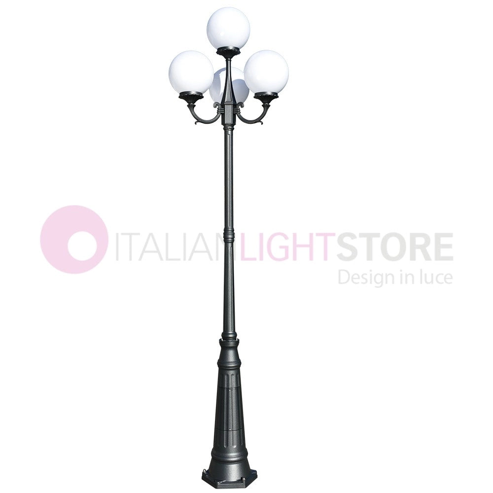 ORIONE ANTRACITE Lampione a 4 luci con rialzo  per Esterno Giardino con sfere globi policarbonato d.25