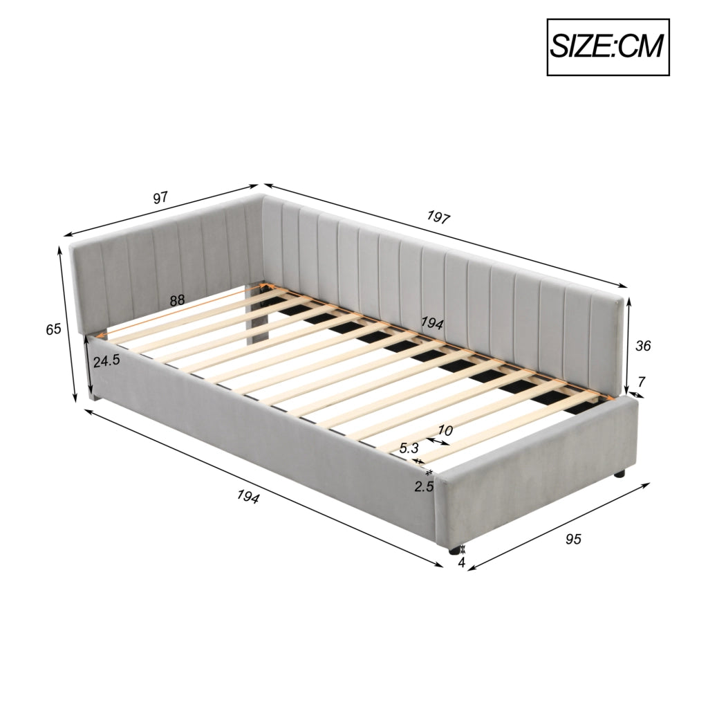 Letto imbottito multifunzionale 90x200 cm con rete a doghe, grigio