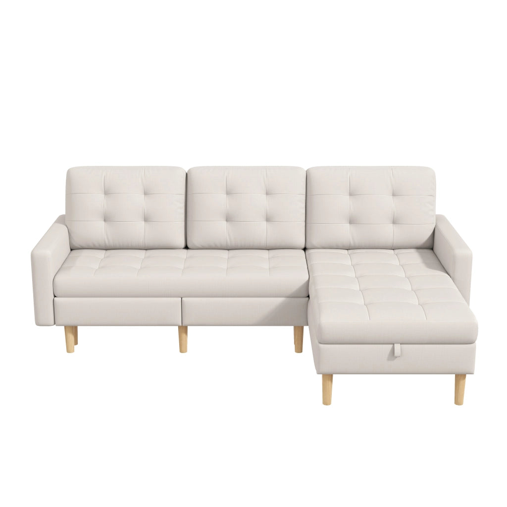 Divano angolare 3 posti - con chaise longue reversibile e doppio contenitore - in tessuto beige
