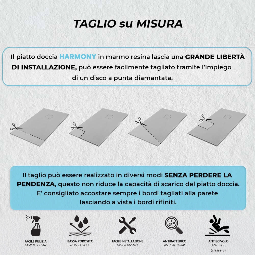 Piatto doccia 80x80 in marmoresina cemento con griglia in acciaio inox Harmony