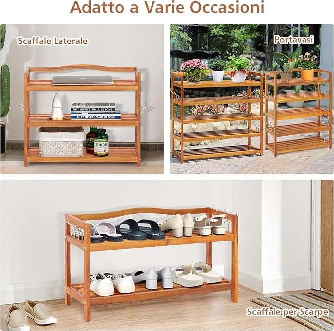 Scarpiera a 2 Livelli, Scaffale per Scarpe in Legno di Acacia Solido con Ganci Laterali in Metallo, Contiene 12 Paia, Capacità di Ogni Ripiano 20 kg, 74 x 26 x 42 cm (3 Livelli)