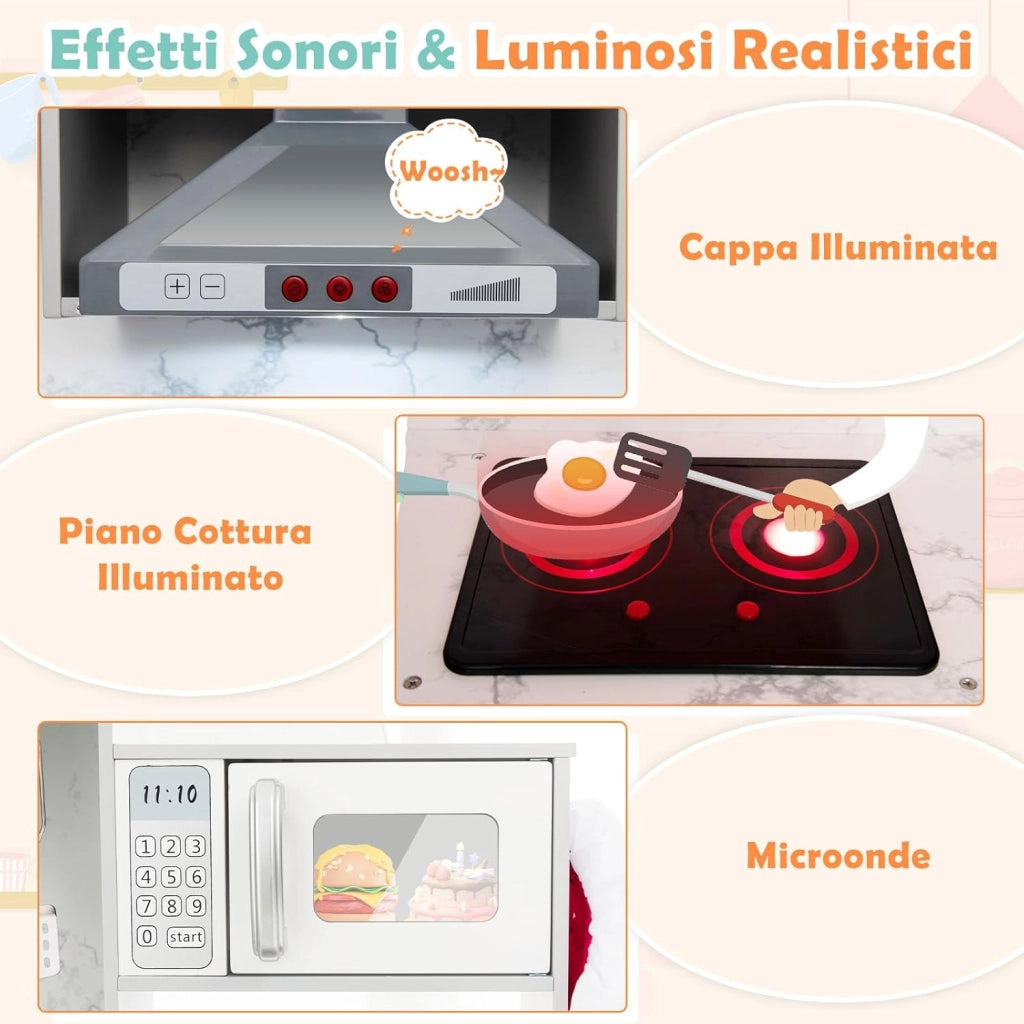 Set di Cucina Giocattolo per Bambini, con Luci e Suoni, Cappa Aspirante illuminata, Fornelli, Forno a Microonde, Distributore d'acqua e Lavatrice, Ideale per Bambini 3 Anni+ (Grigio)