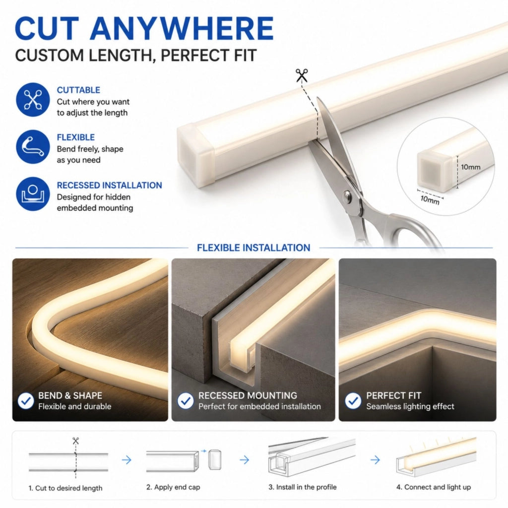 24V Bobina Striscia Led Neon Flex Da Incasso 10X10mm, 100 Metri, IP65 11W/M 660lm/M, Tagliabile Dove Vuole (Bianco Freddo 6500K)