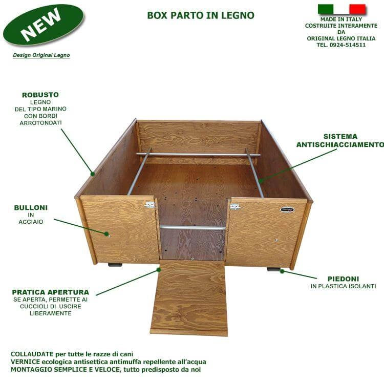 BOX PARTO IN LEGNO PER CANI MODELLO STANDARD L.100 x P.120 x H.40 100% FABBRICATO IN ITALIA - ORIGINAL LEGNO ITALIA