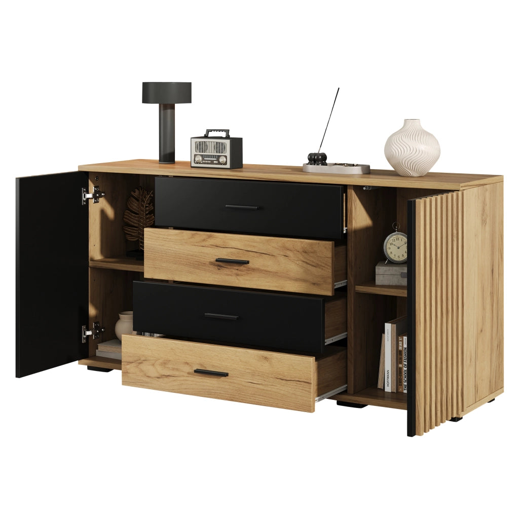 Sideboard 140×35×70 cm in MDF con 4 cassetti e 2 ante, mobile contenitore in effetto rovere nero